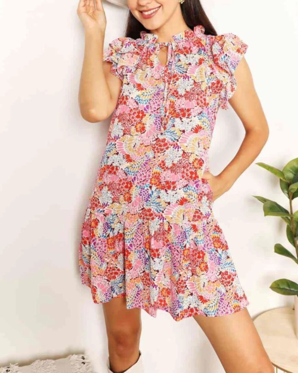 Double Take Floral Tie Neck Cap Sleeve Dress Pink Blue Short Sleeve Sz L